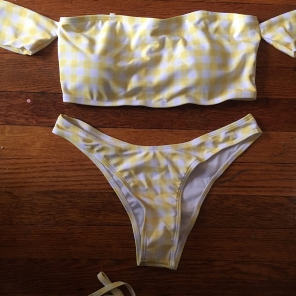 Yellow Plaid Off Shoulder Cheeky Bikini - Picture 4 of 5